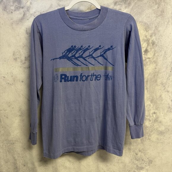 Vintage Marathon Running Shirt Blue Long Sleeve 90s 80s Small 17.5x23.5 - Picture 1 of 10